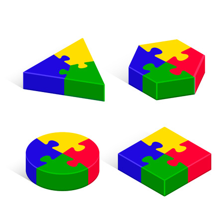 Puzzle 3d geometric isometric figure set, three-dimensional vector isolated color illustration.のイラスト素材