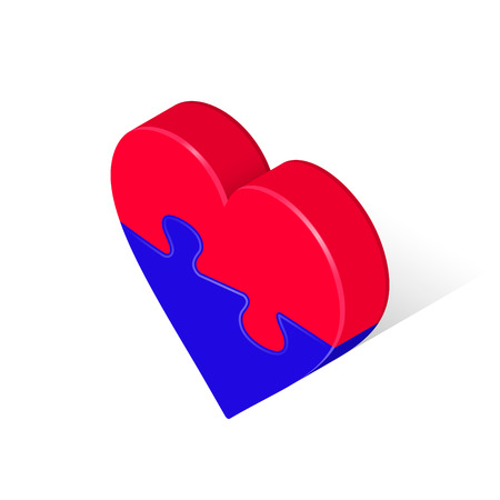 Puzzle Heart Isometric Two Red Blue Piece. Vector 3d Illustration, Isolated on White Background. Valentine's Day Love icon.のイラスト素材