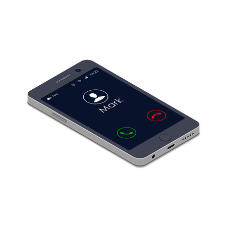Smartphone with incoming call isometric flat illustration, realistic Mobile phone. Vector modern telephone.のイラスト素材