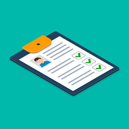 Clipboard with man silhouette isometric illustration. Approved Checklist Job application form flat design. Vector.のイラスト素材