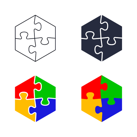 Abstract hexahedron figure made of puzzle pieces set, vector isolated illustration.のイラスト素材