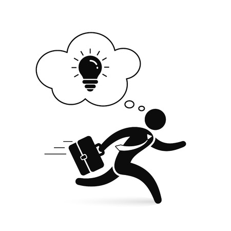 Businessman with idea running with light bulb in speech bubble above his head. Vector concept.のイラスト素材