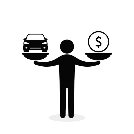 Car and money on scales, man balances car and coin on scale, vector flat style concept.のイラスト素材