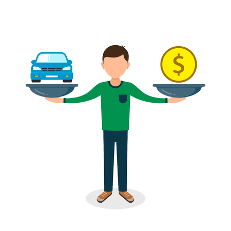 Car and money on scales, man balances car and coin on scale, vector color flat style concept.のイラスト素材