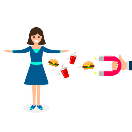 Weight loss illustration. Woman female on scales, magnet attract fast food. Vector health concept.のイラスト素材