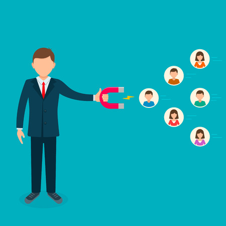 Businessman use magnet to attract customer people employee, human resources. Vector illustration. Business concept.のイラスト素材