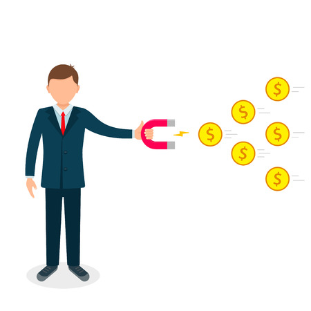 Businessman attracting money with a magnet flat vector illustration. Business concept. Vector.のイラスト素材
