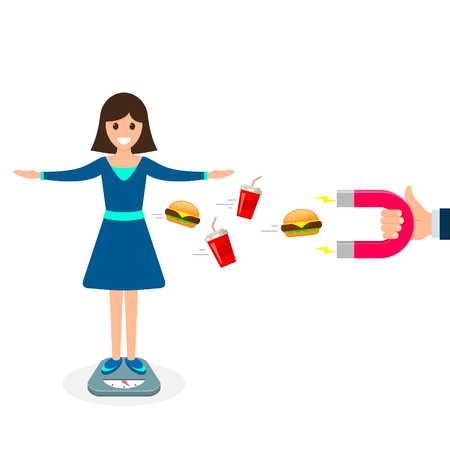 Weight loss illustration. Woman female on scales, magnet attract fast food. Vector health concept.のイラスト素材