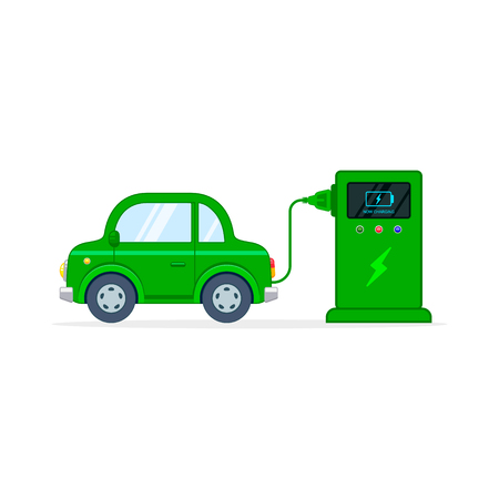 Electric Car charging at the charger station, Vector isolated cartoon illustration. Side view.のイラスト素材