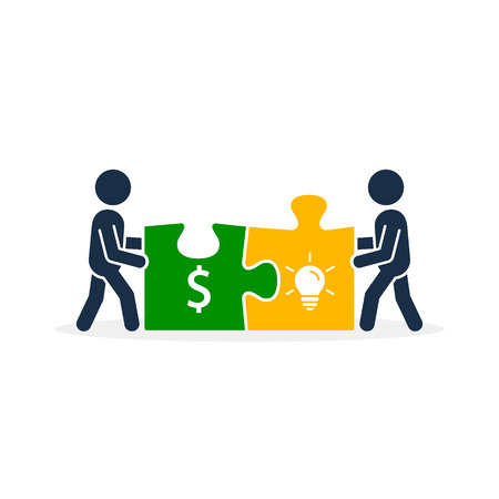 Businessmen connecting puzzle elements Money and Idea Business Success Concept. Teamwork metaphor. Vector illustration flat style design.のイラスト素材
