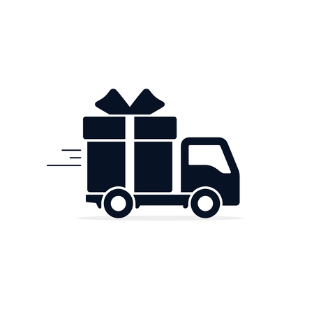 Delivery truck with gift box Icon. Vector flat style illustration isolated on white background.のイラスト素材