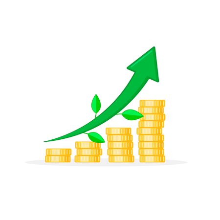 Coin stacks icon in shape of diagram arrow with leaves. Growing graph Income and profit business concept. Flat design Vector illustration.のイラスト素材