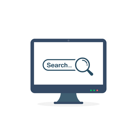 Web search bar on computer monitor vector flat illustration. Computer with open browser window and magnifying glass. Web search concept.のイラスト素材