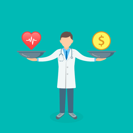 Health or money with doctor and scales vector illustration. Heart versus money on scales concept. Vector.のイラスト素材