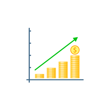 Growth Graph with Stacks of coins and arrow. Income and profit concept Isolated on white background. Vector illustration.のイラスト素材