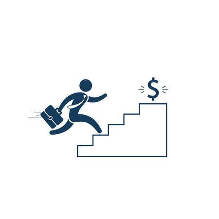 Businessman running on stairs to dollar money. Vector simple success business illustration.のイラスト素材
