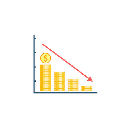 Diagram of golden coins and red arrow down on white background, vector business concept.のイラスト素材