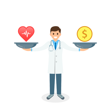 Health or money with doctor and scales vector illustration. Health vs money on scales, Vector concept.のイラスト素材
