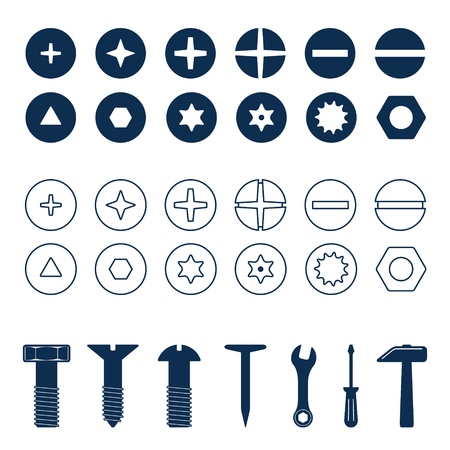 Bolts and screws heads set. Bolt and screw, nut top view, tools vector illustration.のイラスト素材