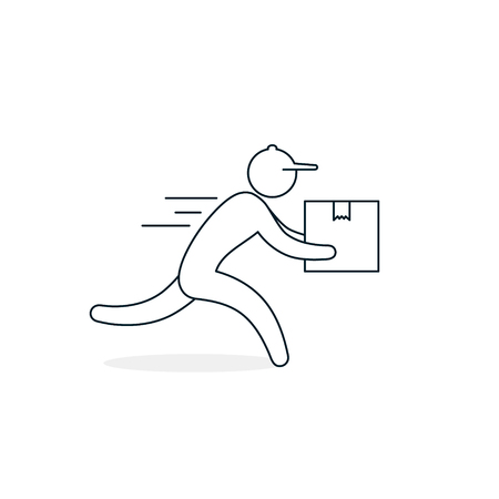 Man courier in a hurry to deliver a package, Vector isolated line icon for shipping service logistics. Delivery concept.のイラスト素材