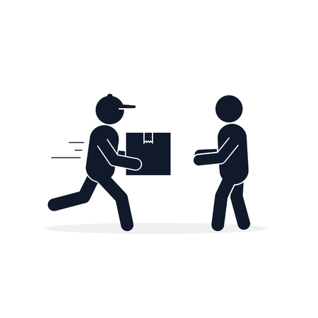 Delivery courier giving box to customer icon. Fast Delivery concept. Vector isolated flat illustration.のイラスト素材