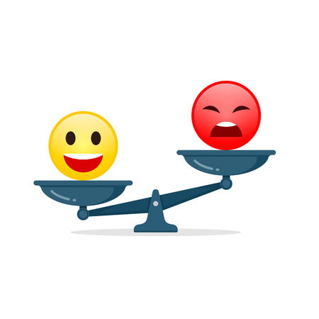 Smiley emoticons different mood on scales, vector icon. Positive attitude as advantage. Happiness versus sadness concept.のイラスト素材