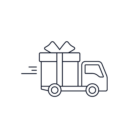 Delivery truck with gift box. Free Delivery concept, stroke flat style illustration isolated on white background.のイラスト素材
