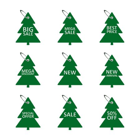 Sale discount label in the form of a Christmas tree, tag set in the fir-tree shape. Vector isolated illustration.のイラスト素材