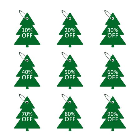 Sale discount label in the form of a Christmas tree with percentage, tag set in the fir-tree shape., Sale tags, vector badge icons, percent sale label symbols flat icon.のイラスト素材