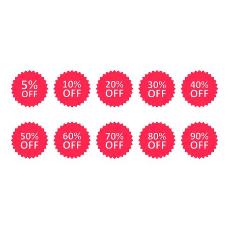 Discount percentage stickers or label set, Sale tags, vector badge icons, percent sale label symbols flat icon.のイラスト素材