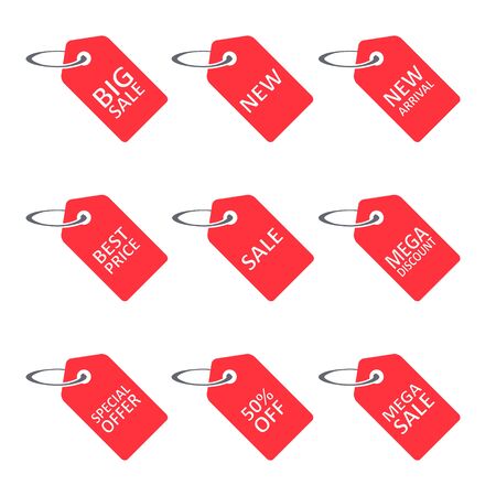 Sale discount label, tag set. Different commercial inscriptions in badges. Vector isolated illustration.のイラスト素材