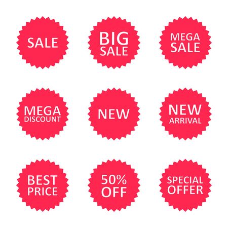 Sale discount label, tag or sticker set. Different commercial inscriptions in badges. Vector isolated illustration.のイラスト素材