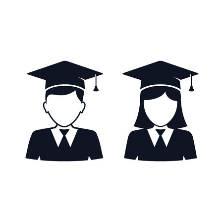 Graduate student girl and boy in square hat vector icon. Female and male in mortar hat and graduation academic wear.のイラスト素材