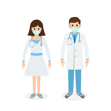 Doctor set in mask ready surgeon uniform gloves stethoscope icon, Vector isolated colorful flat illustration.のイラスト素材