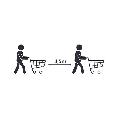 Buyers with carts keep safe distance COVID-19. Vector illustration.のイラスト素材