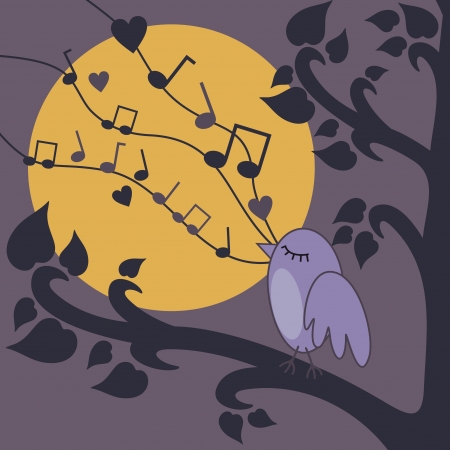vector illustration of birds singing on a brunch at nightのイラスト素材