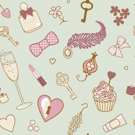 vector seamless pattern with various retro female thingsのイラスト素材