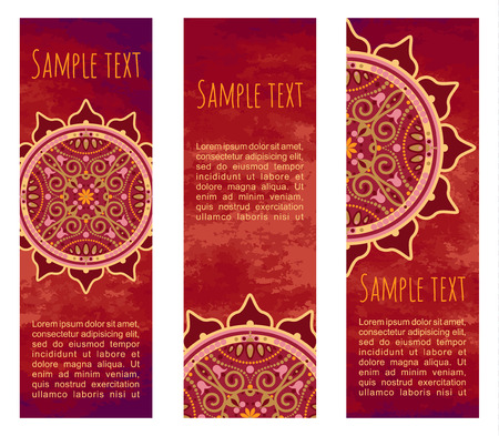 Vector vintage abstract colourful background. Set of old ornamental banners with traditional orient mandala. Cards with aztec sun symbolのイラスト素材