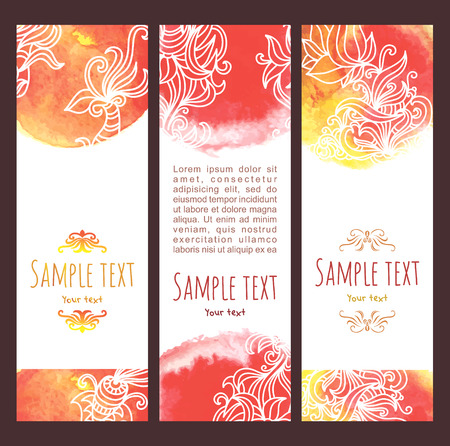 Vector background .Set of  watercolor banners, abstract headers with blots and doodle flowers. In yellow, orange and red colorsのイラスト素材
