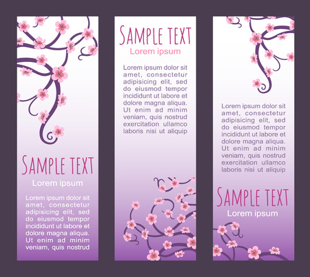 Vector illustration. Stylized cherry tree with pink flowers on a violet background. Orient card with sakura blossoms. Set of spring banners. Headers templateのイラスト素材