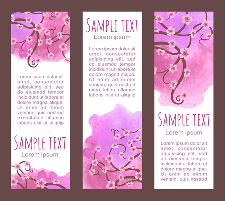 Set of banners with pink watercolor background. Orient headers with sakura branches. Template design with asian cherry tree flowers.のイラスト素材