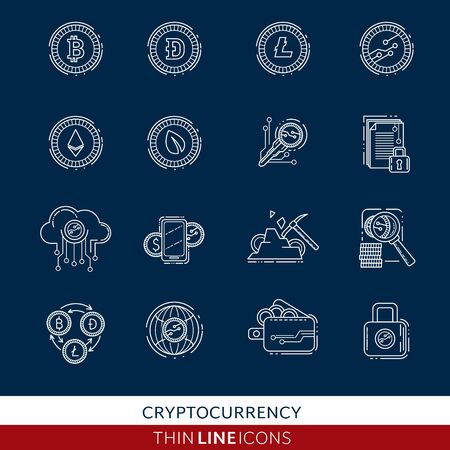 Cryptocurrency thin line icons set on dark backgroundのイラスト素材