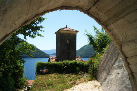 The bell tower of the monastery in Perastの写真素材