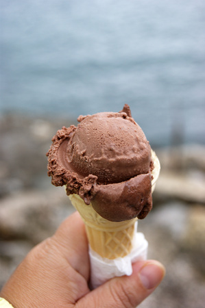 Chocolate ice cream in coneの写真素材