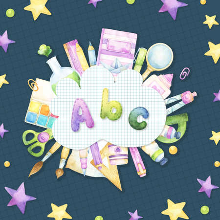 Colorful cartoon style back to school blackboard background with ABC text plate decorated with watercolor stationery items and art supplies, such as notebook, brush, pencil, pen, paint and starsの写真素材