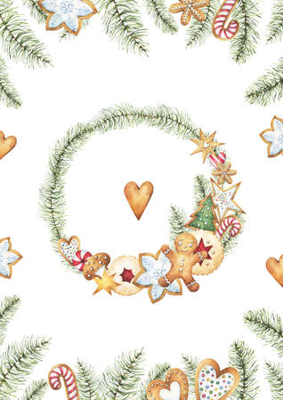 Winter holidays, Christmas and New Year themed card or frame design with watercolor pine branches, gingerbread cookies, gingerbread man and sweet treats festive clipart on white backgroundの写真素材