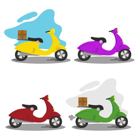 Fast and free delivery of products, food, goods. Set of scooters for home and office delivery. Vector and stock illustration. Yellow, green, red and purple scooter. Icon,   design elements.のイラスト素材