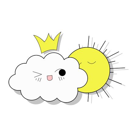 Shy cloud template with smile and sun. Isolated on a white background for children's parties. Cute baby shower vector background. Childish drawing style rainy clouds in love vector illustration.のイラスト素材