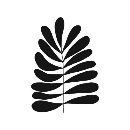 Black tropical leaf silute on an isolated white background. Botanical tree branches, palm leaf on the stem. Spring summer leaf. Concept design logo icon for the application. Vector illustration.のイラスト素材
