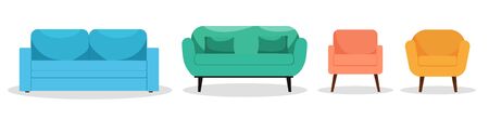 Set of bright beautiful armchairs and sofas on high legs on an isolated white background. Logo, icon, concept for interior design and web page. Modern design. Flat style. Vector illustration.の写真素材